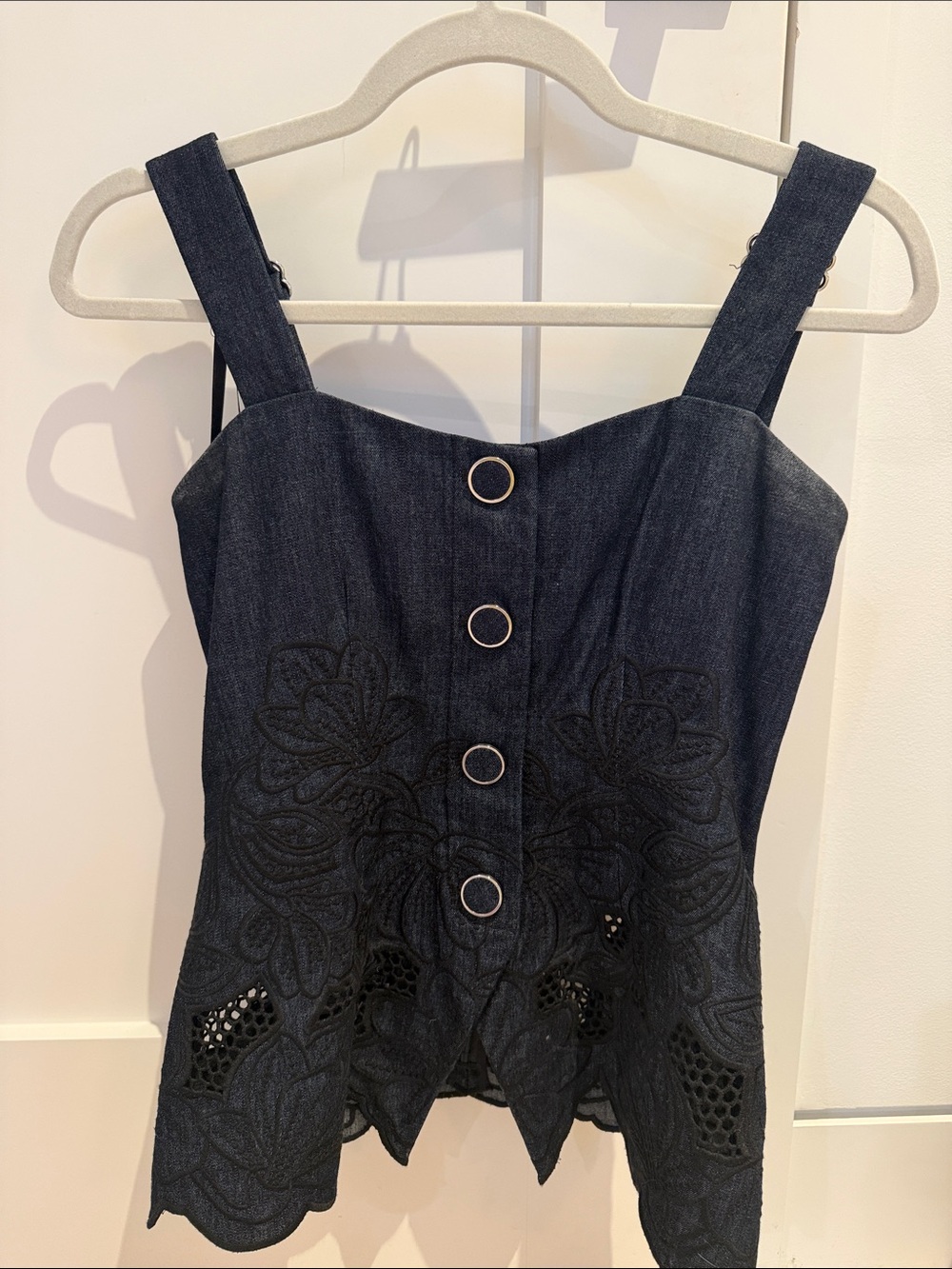 Veronica Beard Black Embroidered Denim Button-Front Camisole